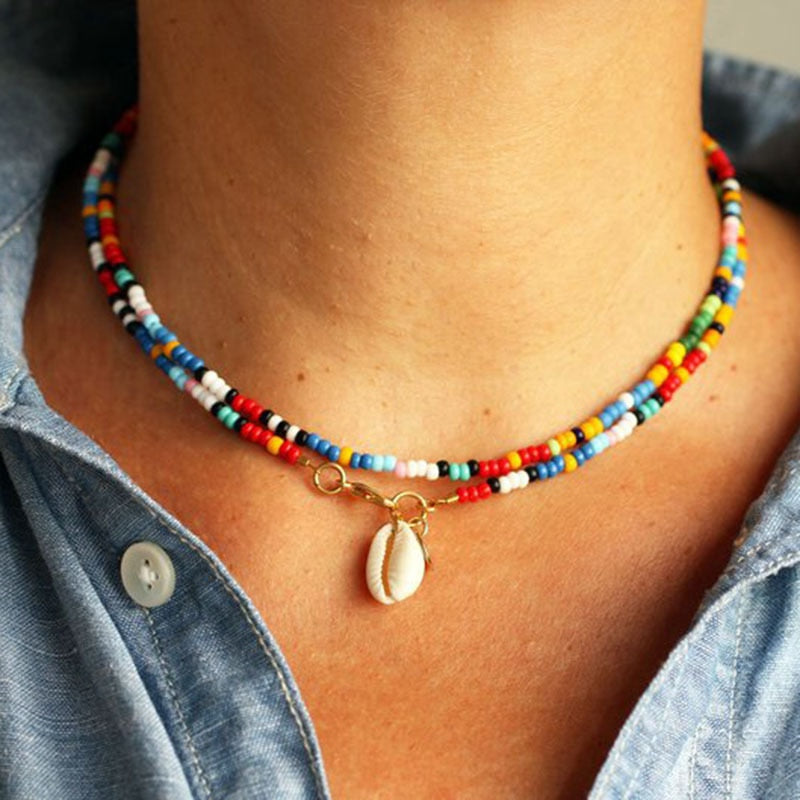 New Arrival 80CM Bohemain Mix Colorful Beads Double Layer Choker Necklace For Women Fashion Shell Pendant Necklace Jewelry 2019