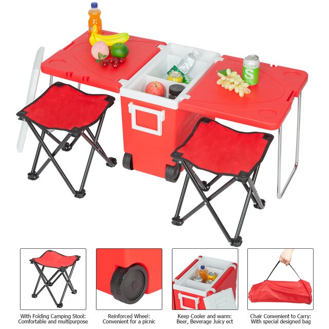 Outdoor Picnic Foldable Multi-function Rolling Cooler Upgraded Stool Red tables and chairs  patio furniture   folding table